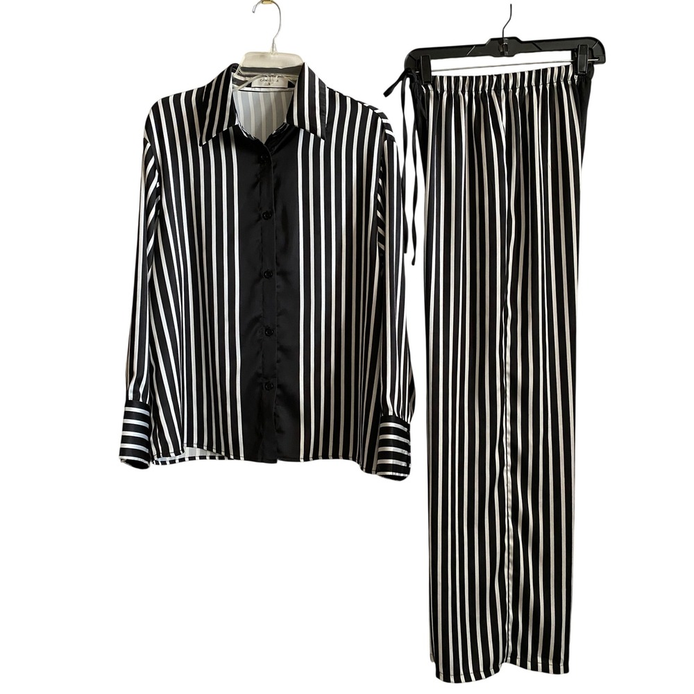 COMMENSE Black White Striped Button Down Wide Leg Pants Set Small Pajama Style